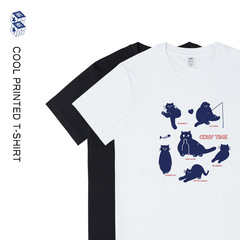 メンズ2025新作純綿ブルーキャットプリントTシャツ、メンズラウンドネックゆったり半袖、レディースインス風カジュアルカラフルトップス