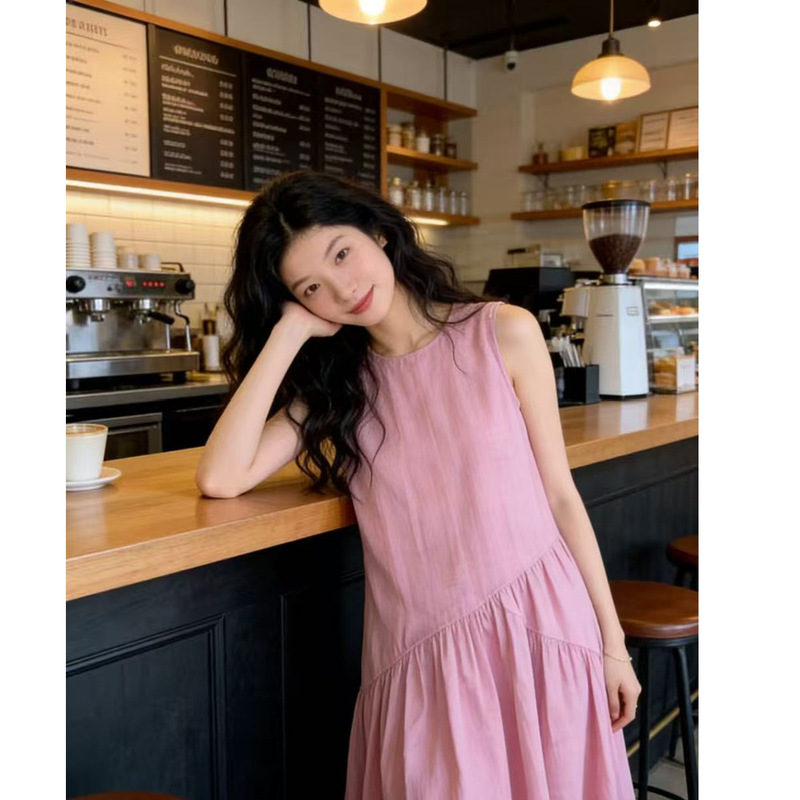 Summer New Style Pink Cotton and Linen French-Style Dress, Elegant Sleeveless High-End Goddess Long Dress