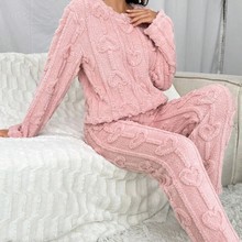 秋冬纯色爱心提花暖暖套装珊瑚绒加绒加厚女家居服休闲两件套睡衣