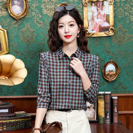 2025秋季新款韩范时尚洋气格子碎花女衬衫休闲通勤气质格纹衬衣