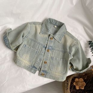Gl-Kids K-Style Autum New Kidsren's Retro Distressed Denim Shirts for Men and Women, Lapel Cardigan Jackets, Trendy