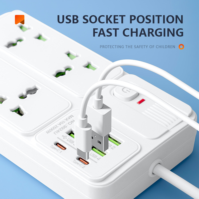 New European Standard Power Socket with Switch, Dual Usb+Type-C Charging, European-Style Power Strip Socket
