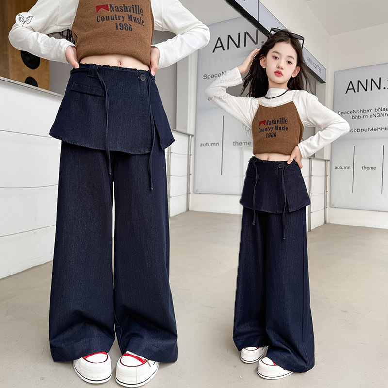 女童裤子2025年秋季新款中大童净色屁帘阔腿裤高腰直筒裤拖地长裤|undefined