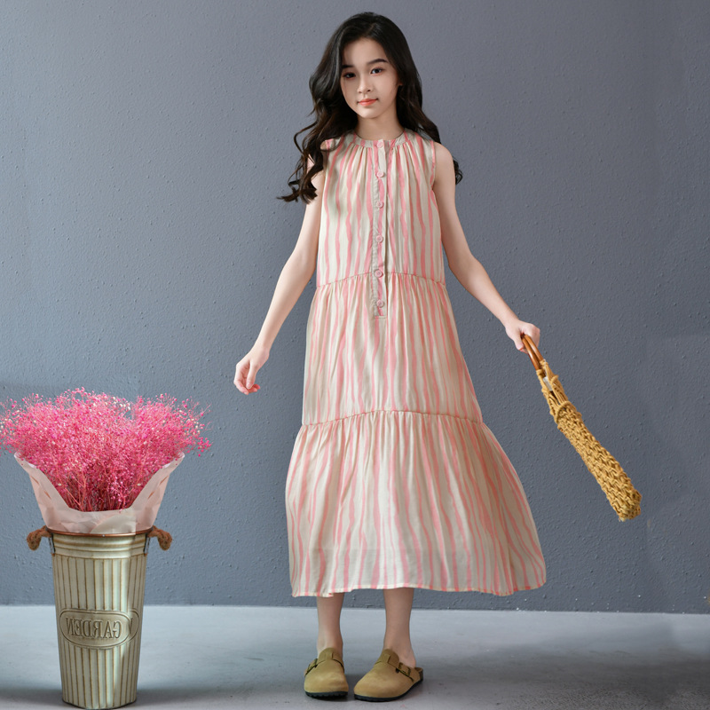 Vestido de niña, vestido de verano, falda larga por encima de la rodilla, falda de vacaciones, vestido de princesa dulce, falda grande, suelta, ropa de mujer para niños grandes, verano