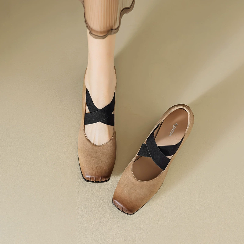 Август Шиден балет одиночные туфли женщины 2024 новый летний квадратный рот, неглубокий рот, французская толстая каблучка, туфли на среднем каблуке Мэри Джейн
