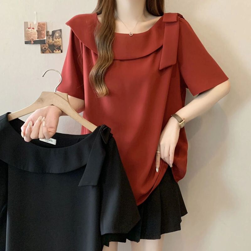大码设计感蝴蝶结短袖衬衫女夏季新款胖mm宽松显遮肉瘦娃娃衫上衣|undefined