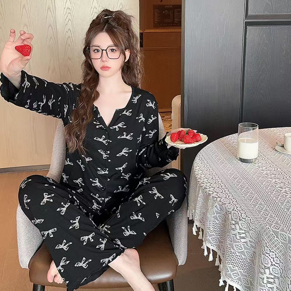 Pijamas al por mayor transfronterizos primavera y otoño nudos de seda de hielo hilo de moda cardigan de manga larga pantalones largos set de ropa para el hogar