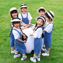 六一儿童演出服男女童棉半袖牛仔背带短裤啦啦队合唱班服舞台装