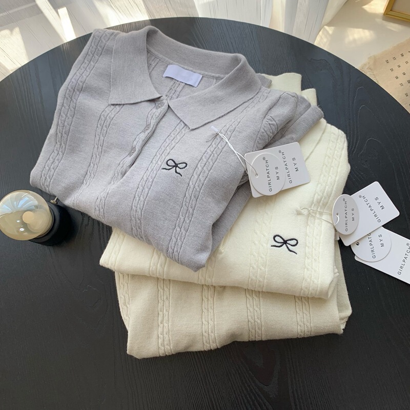 Real Shot ◆ Korean-Style Polo Collar Ribbed Bow Top Soft Embroidered Cable Knit Sweater Real Shot ◆ Korean-Style Polo Collar Ribbed Bow Top Soft Embroidered Cable Knit Sweater