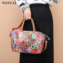 威斯特头层牛皮女收纳大包民族风撞色真皮手提包女士单肩包大容量