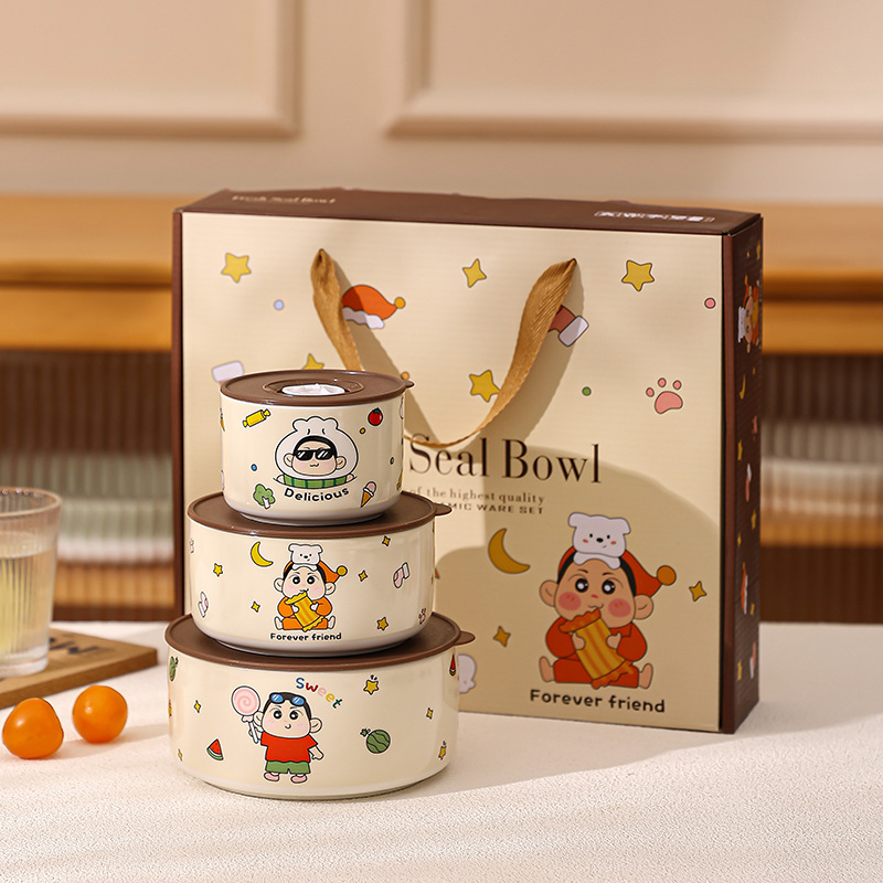 Cute Boy Ceramic Bowl with Lid Household Soup Bowl Set Microwave Lunch Box Annual Party Welfare Holiday Gift