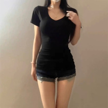 黑色正肩收腰V领短袖t恤女夏季纯棉2025新款纯欲修身辣妹紧身上衣