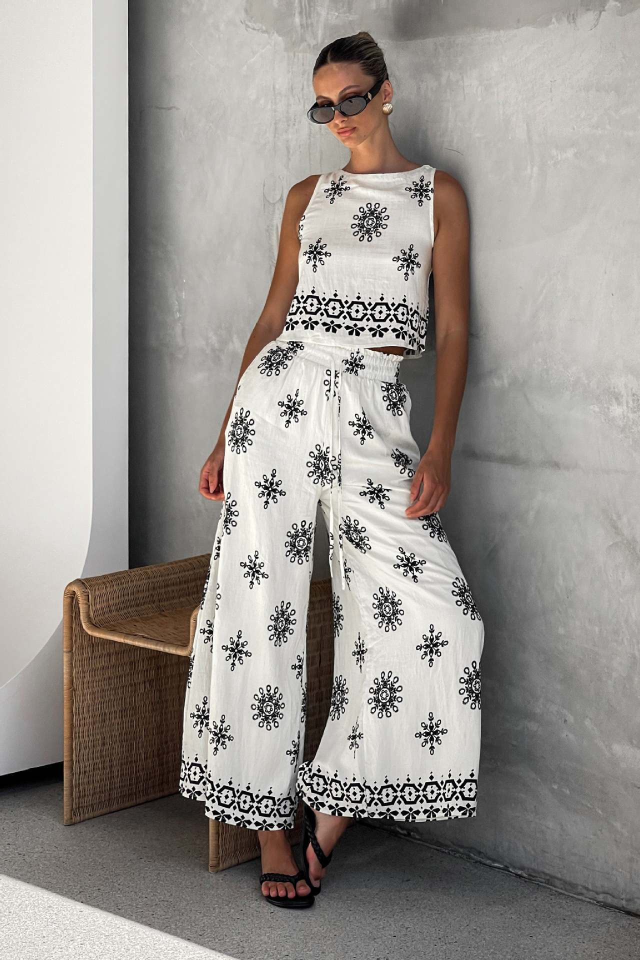 280g Weight Sleeveless Sleeve Length Holiday Travel Women's Marine Style Simple Style Streetwear Printing Linen Polyester Hemp Pant Co-ord Set Pants Sets