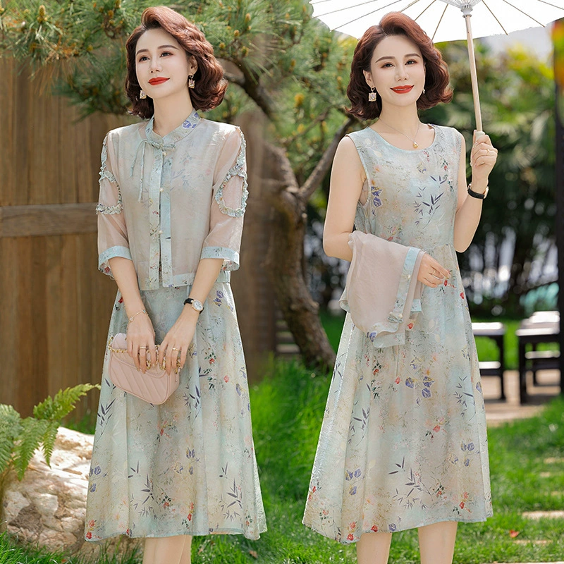 Новый летний комплект платьев в китайском стиле для мам, широкое женское платье в национальном стиле, комплект из двух предметов из шифоновой блузки для женщин среднего и пожилого возраста.
