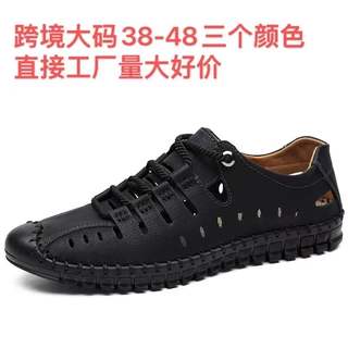 2025跨境大码002镂空透气男士豆豆鞋英伦外贸休闲鞋系带时尚男鞋