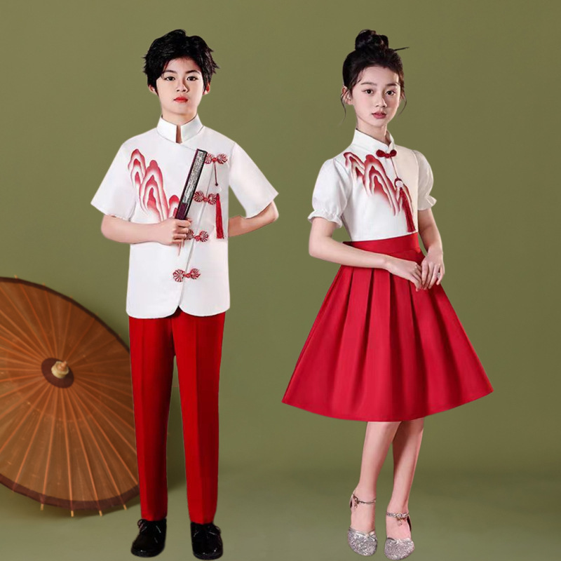 儿童小学生幼儿中国风蓝色女童合唱爱国演讲朗诵比赛礼服演出服装|undefined