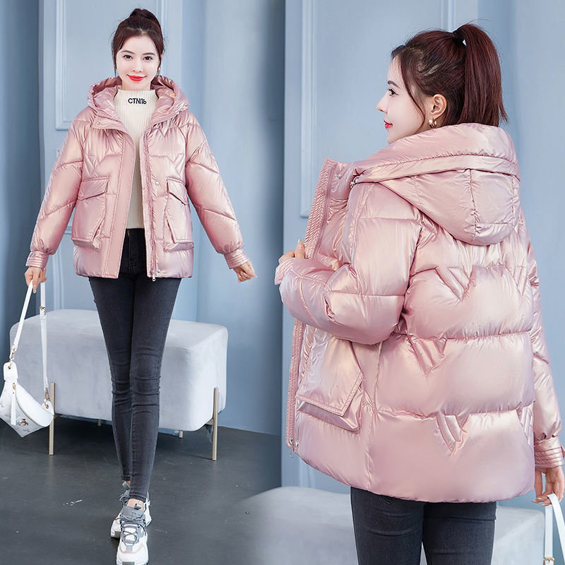 亮面韩系反光时尚休闲棉服女短款新款潮流保暖加厚连帽冬季面包服