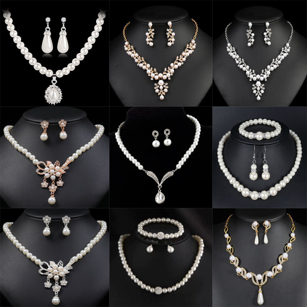Pearl and rhinestone necklace and earring set, bridal full-diamond choker, versatile collarbone chain jewelry, wedding jewelry