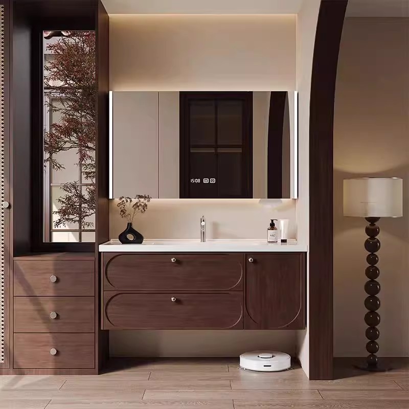 Medieval Style Ceramic Integrated Basin Oak Bathroom Cabinet Bathroom Walnut Color Skeleton Line Washstand Washbasin Cabinet