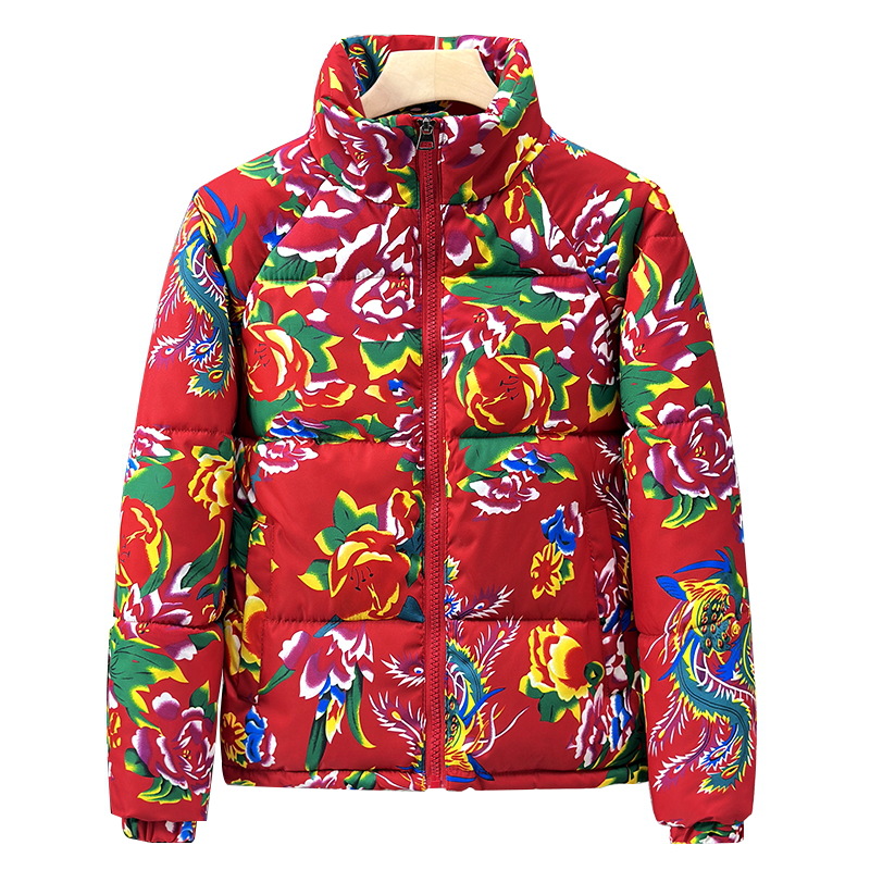 Trendy red jacket, Northeast large flower cotton coat, men's personalized warm floral print, bread coat jacket_voghion.com