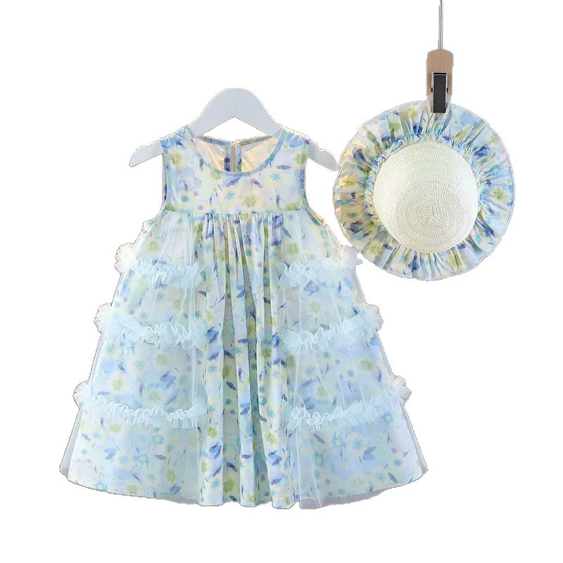Summer dress with sleeves sleevless, children's thin sleevless dress, small princess costume, skirt, floral print
