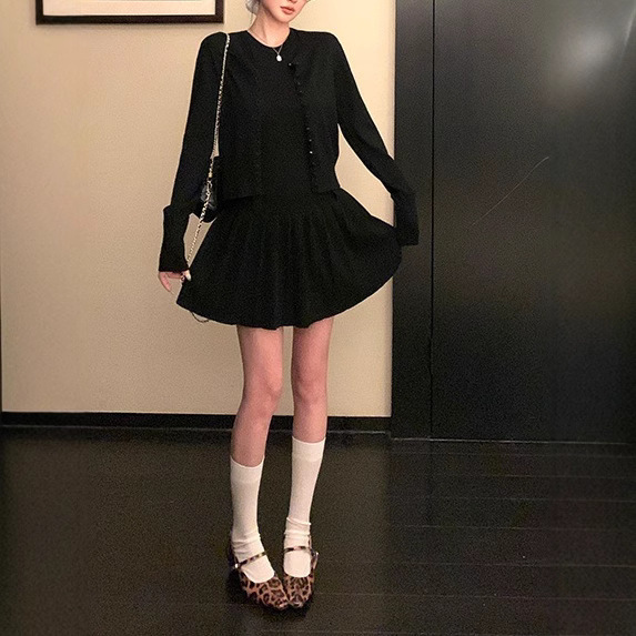 Spring Macaroon Wool College-style Sweater Single-breasted Cardigan Pleated dress suit