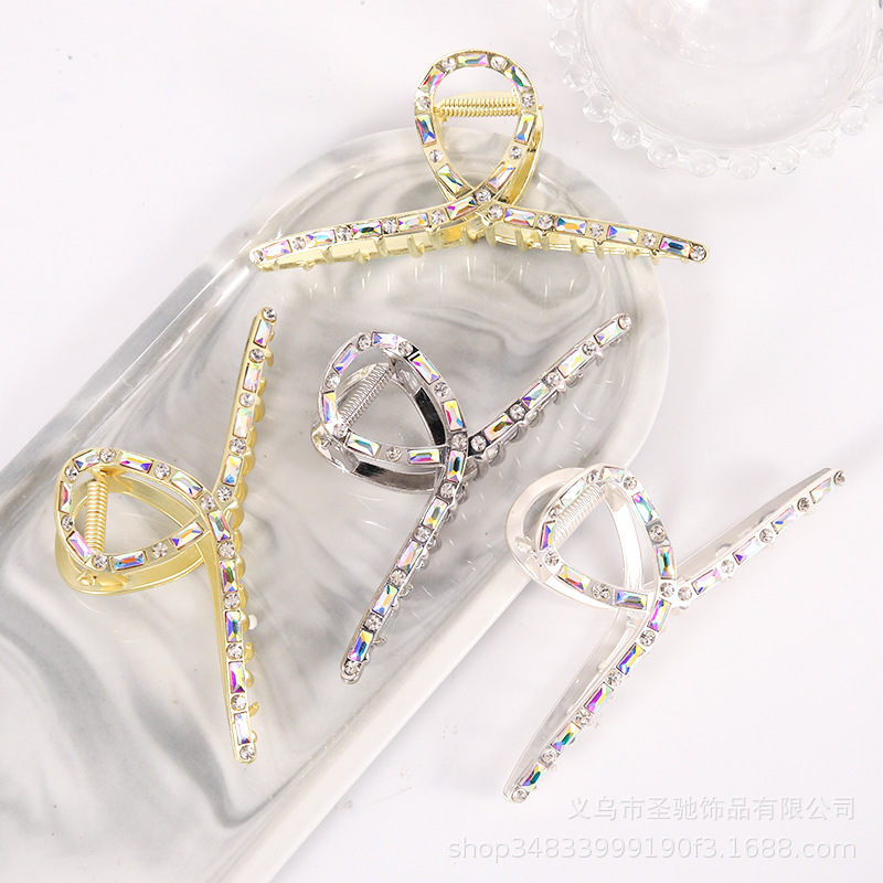 Shark clip metal crystal cross hair grip fashionable temperament rhinestone hairpin back head women's gem Net red hair clip