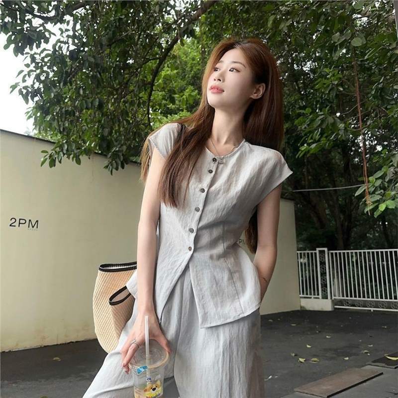 フレンチスタイルのレースアップウエストスリム半袖シャツハイウエストワイドレッグフロアレングスカジュアルパンツレディースサマーファッションスーツ|undefined