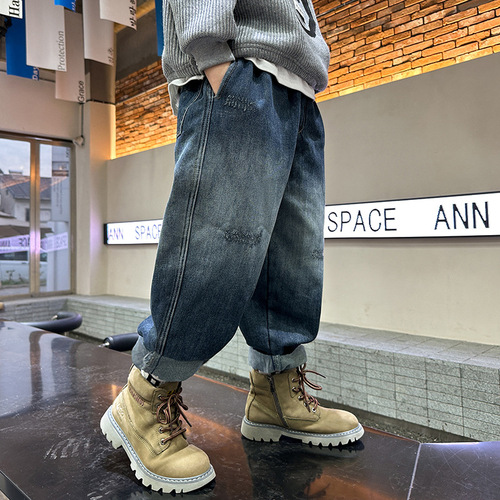 Boys' Pants Spring and Autumn Jeans 2024 New Style Handsome and Trendy Children's Spring Clothing Medium and Large Children's Spring Casual Pants