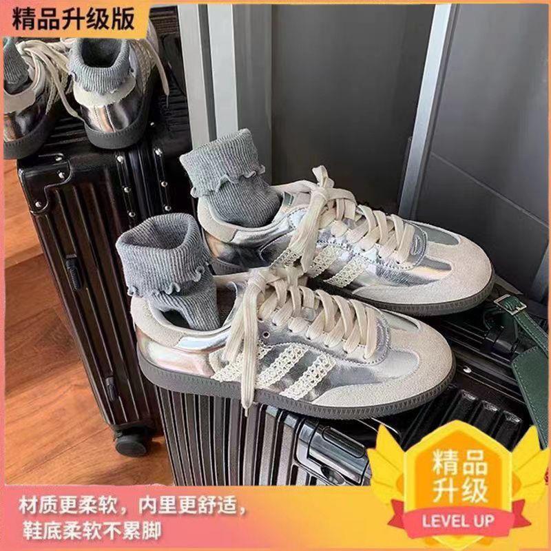 显脚小休闲运动鞋复古洋气蕾丝皮德训鞋亮色拼接板鞋系带小白鞋|undefined