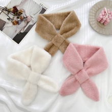 韩国chic风加厚纯色毛毛围脖保暖仿獭兔毛交叉围巾毛绒毛领女