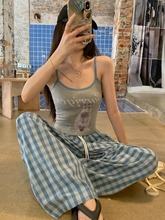 2025夏季新款美式印花修身显瘦吊带背心格纹阔腿休闲裤时尚套装女