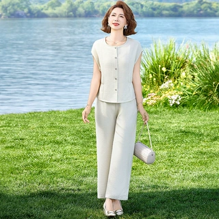 妈妈夏装套装衬衫短袖时尚大气中老年女夏季显瘦小衫阔腿裤两件套