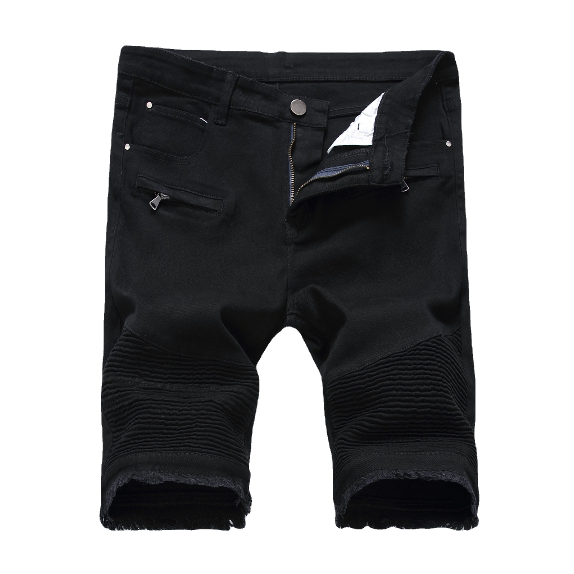 Comercio exterior de los hombres High Street zipper Stretch Slim casual Denim blanco negro shorts grab ripped pantalones del medio