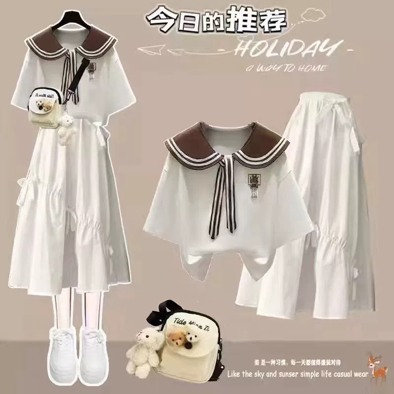 Лето 2024, свежий стильный костюм для студенток, корейский стиль, свободный студенческий стиль, темно-синяя футболка с воротником + юбка, комплект из двух предметов