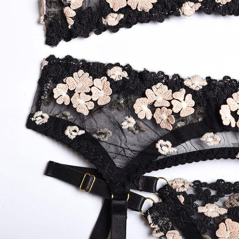 See-Through Mini Flower Embroidery Steel Ring Sexy Lingerie Three-Piece Set NSMXF113193