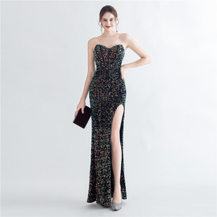 31155# Foreign Trade New Product Magic Color Bead Rear Binding Corset Side Split Strapless Fish Bone Evening Dress