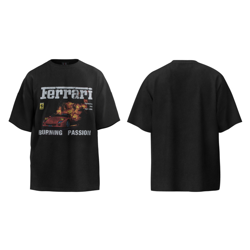 American Retro Ferrari F40 Flame Sports Car Print Washed and Distressed Vintage Loose Short-Sleeved T-Shirt for Men and Women