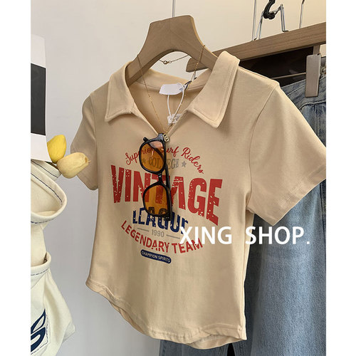 2025 summer v-neck front shoulder short-sleeved T-shirt for women's design niche waist-hugging slim short polo shirt hot girl top