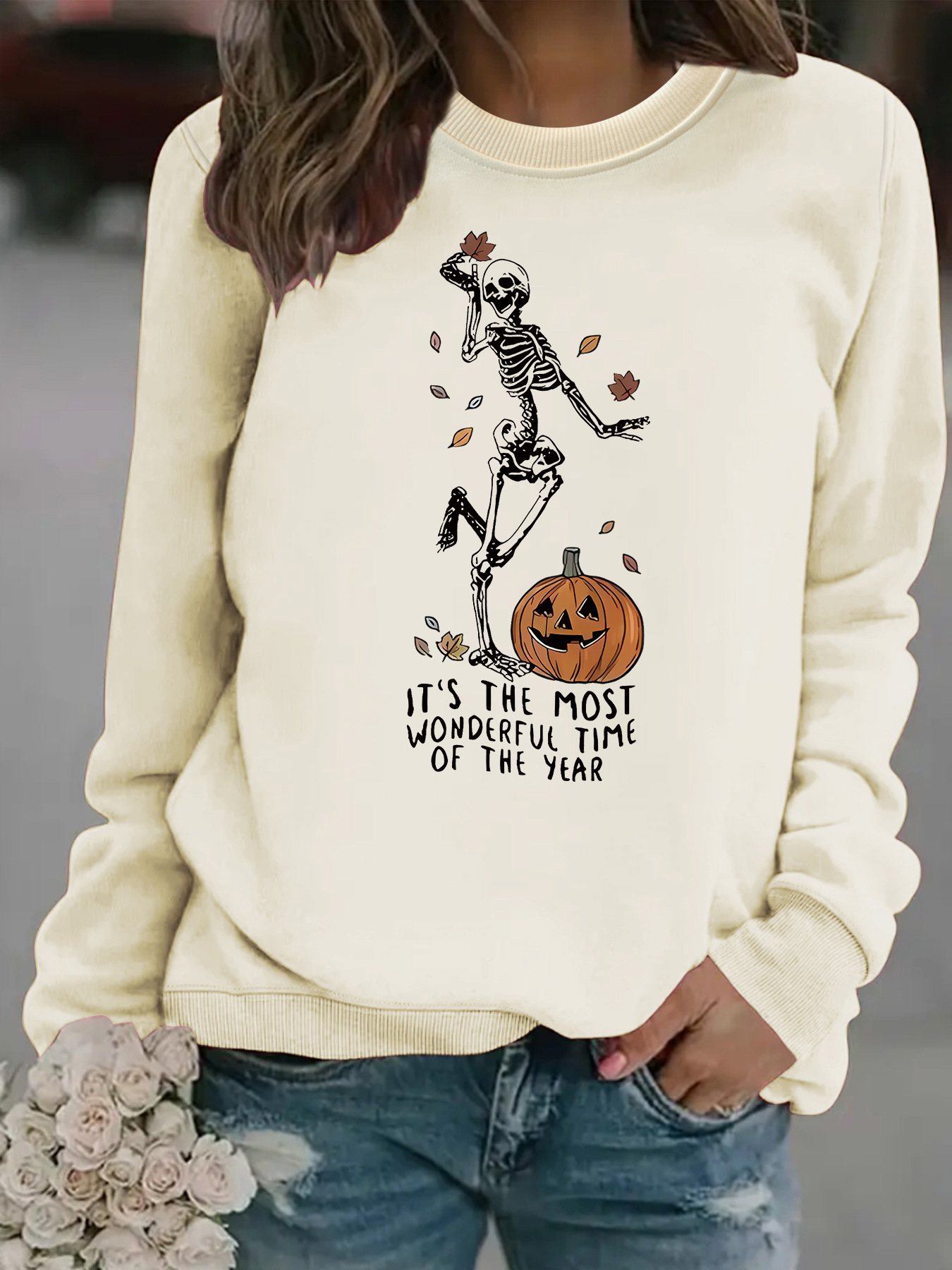 Herren-Sweatshirt mit Kürbis-Totenkopf-Print für Halloween – Gemütlicher Langarm-Pullover mit Rundhalsausschnitt für Damen und Herren (verschiedene Farben und Größen)_voghion.com