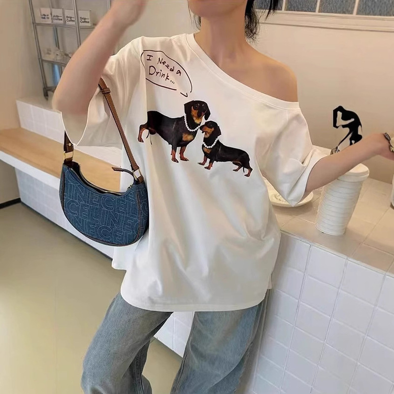Jennie Style 25 Summer Pearl Necklace Dachshund Print Short-Sleeve T-Shirt Off-Shoulder Top Women's Fashion Versatile