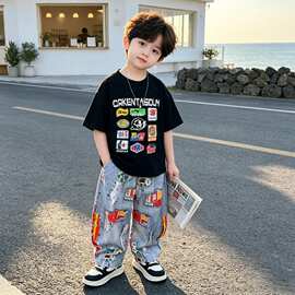 2026新款痞帅炸街小男孩夏装短袖套装男童夏装季薄款防蚊裤两件套