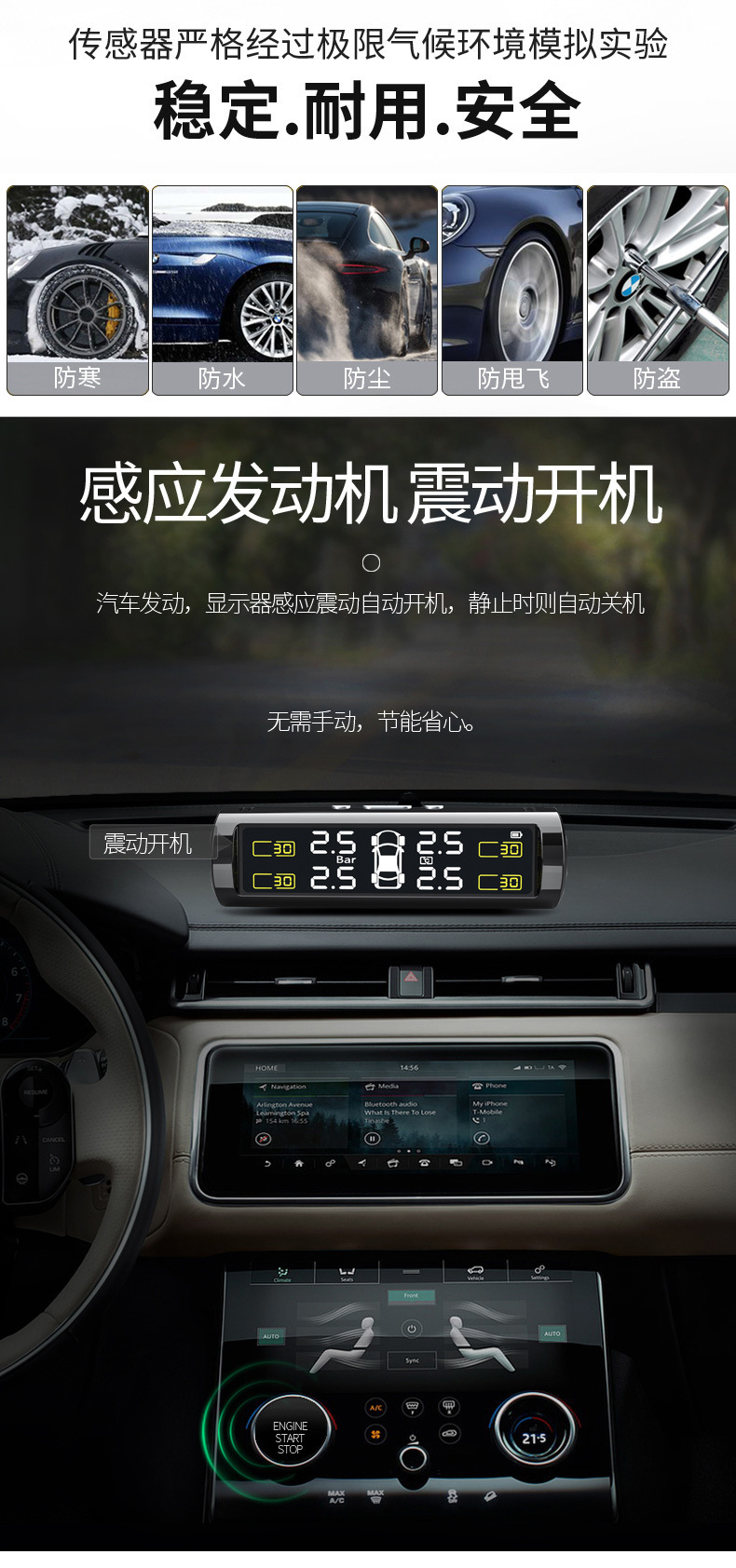 New Hidden Car Solar Tire Pressure Monitor System Internal and External Tire Pressure Temperature Detector Smart