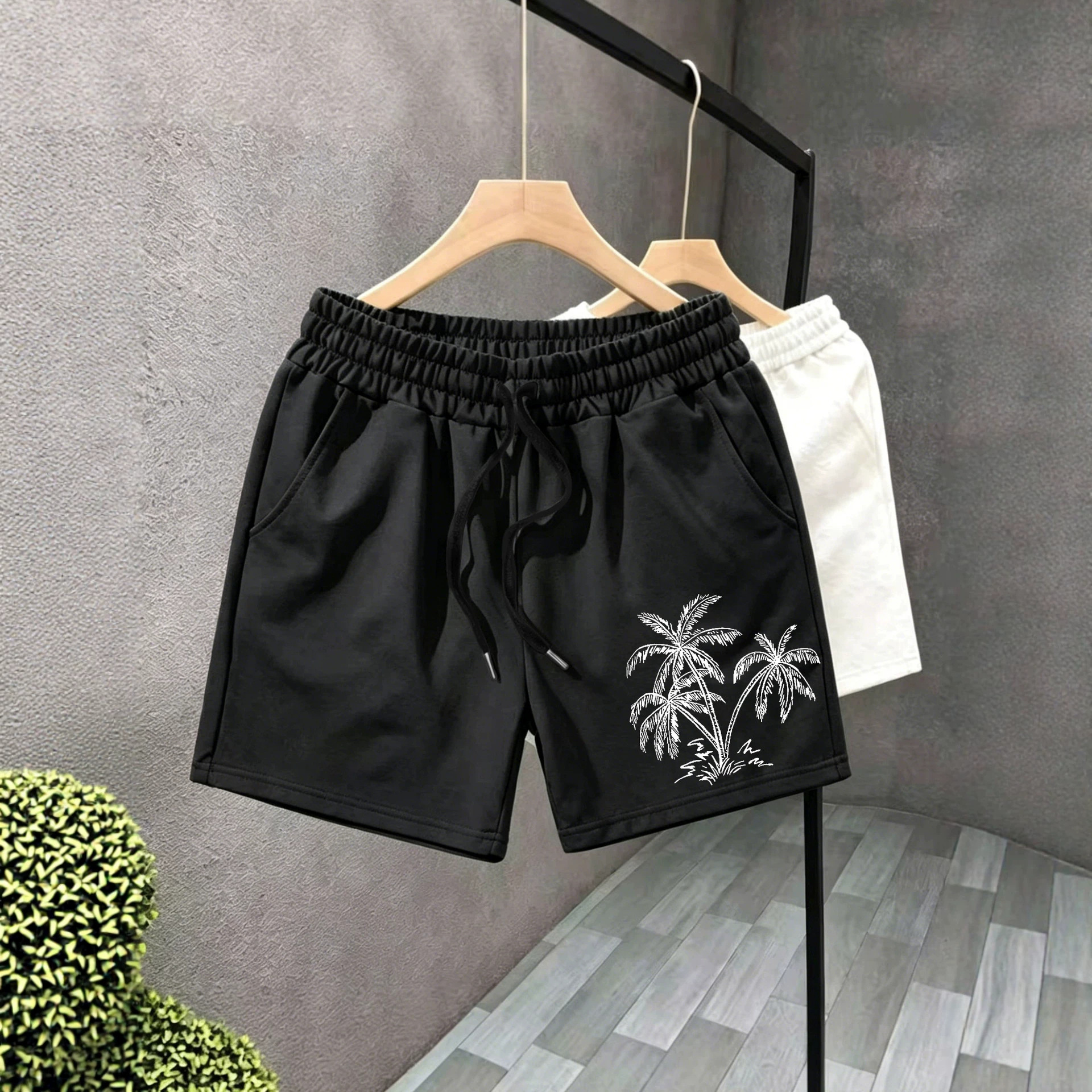 New Summer Style Coconut Tree Print Men's Three Quarter Swim Trunks, Quick Drying Beach Sports Shorts, Casual Sports Shorts_voghion.com