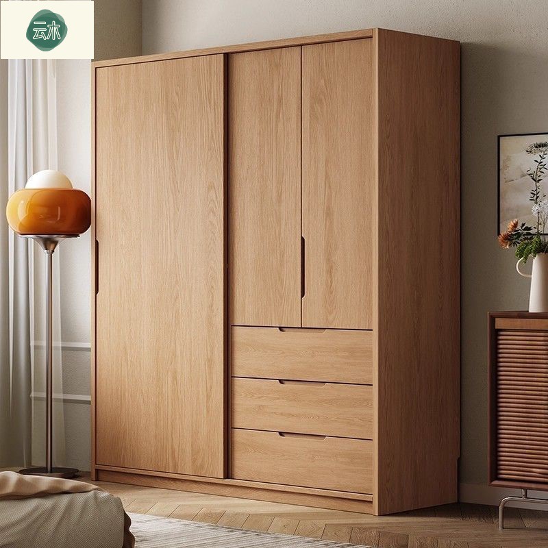 All Solid Wood Sliding Door Wardrobe Small Apartment Home Bedroom Simple Log Style Wardrobe Large Capacity Storage Wardrobe
