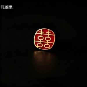 New Chinese-style double-happiness brooch, red enamel metal pin, wedding celebration accessory, unisex, niche design