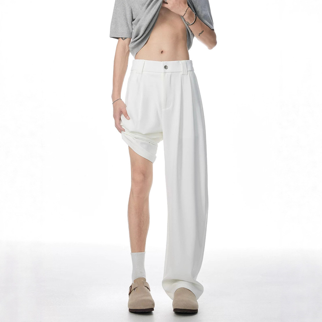 美式免烫工装西裤男宽松直筒长裤半松紧纽扣裤子休闲西服西装裤潮