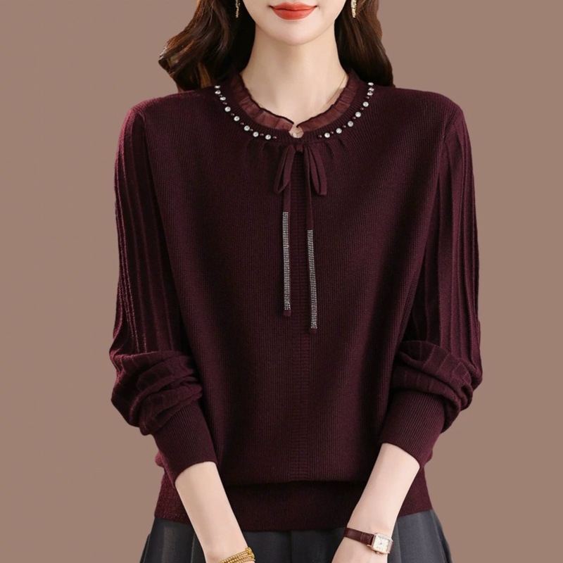 New Autumn and Winter Style, Age-Reducing, Stylish, Lace-Up Long-Sleeved Sweater, Elegant and Stylish Lace Slimming Knitted Base Top