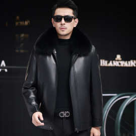 爸爸装真皮皮衣男式羽绒服大码夹克宽松加厚内胆羽绒绵羊皮外套