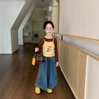 2025秋季新款女童洋气卡通吊带背心长袖打底衫两件套儿童秋装套装